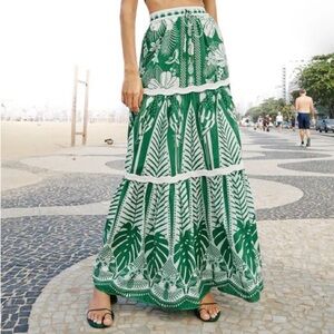FARM Rio Green and White Tropical Midi Skirt